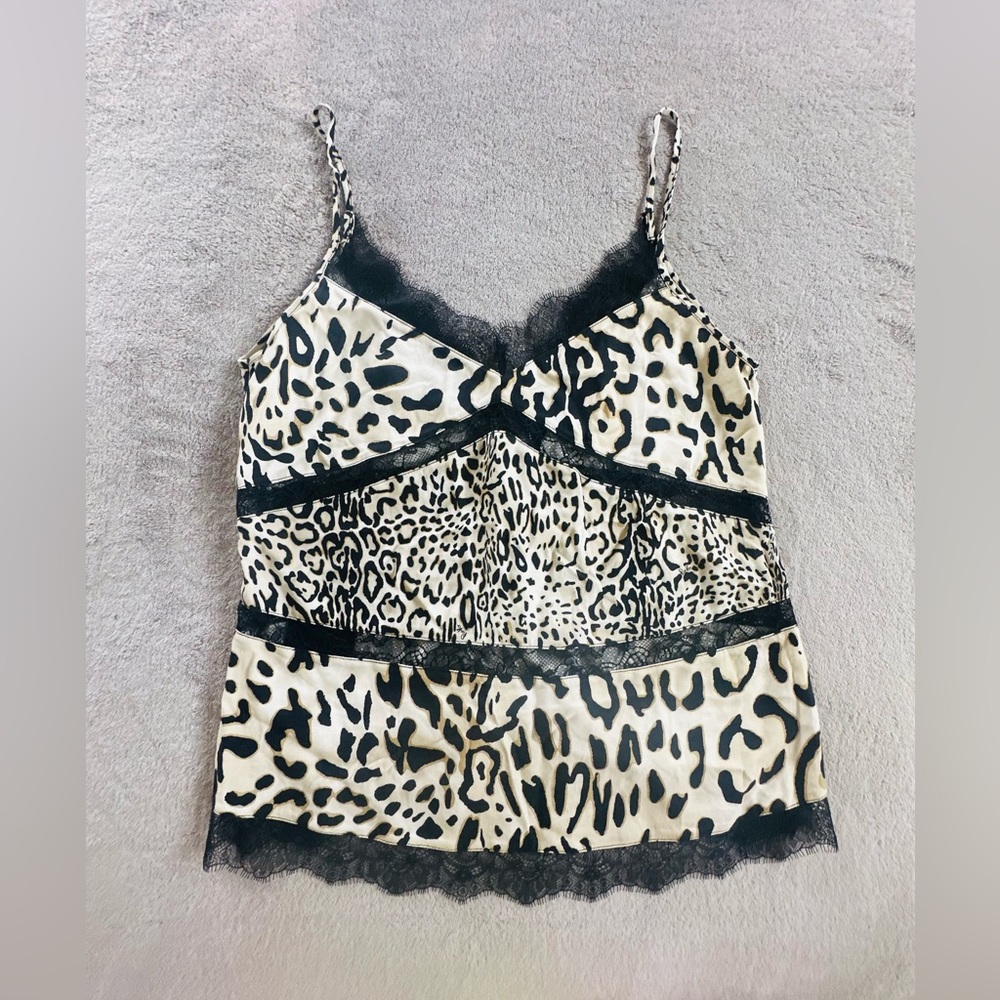 Pinko Womens Beige Black Leopard Print Lace Trim Camisole Slip On Blouse Top S